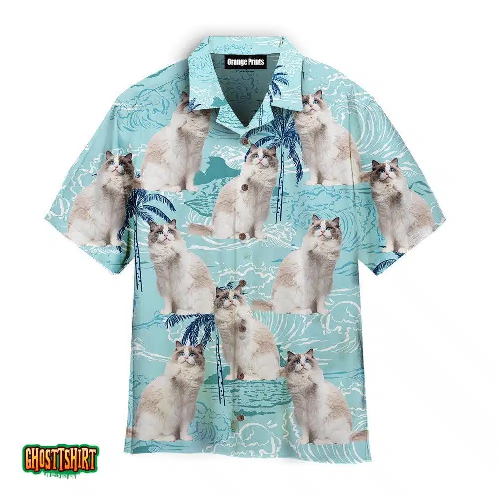 Cute blue Bicolor Ragdoll On Big Wave Tropical Pattern Aloha Hawaiian Shirt