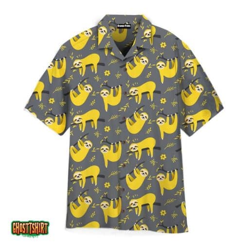 Cute Sloth Seamless Pattern In Yellow And Gray Aloha Hawaiian Shirt