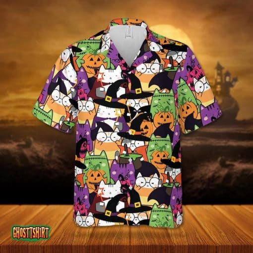Cute Witch Cat Pumpkin Halloween Pattern Aloha Hawaiian Shirt