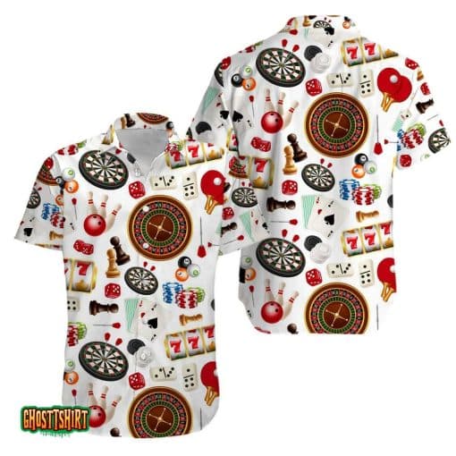 Darts Billiards Bowling Cards Game White Aloha Hawaiian Shirt