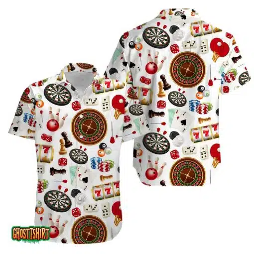Darts Billiards Bowling Cards Game White Aloha Hawaiian Shirt