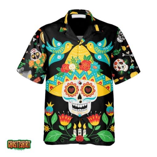 Day Of Dead Sugar Skull And Guitar Black Aloha Hawaiian Shirt