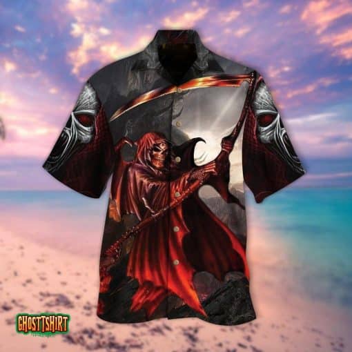Death And Screaming Skull Scythe Pattern Black And Red Aloha Hawaiian Shirt