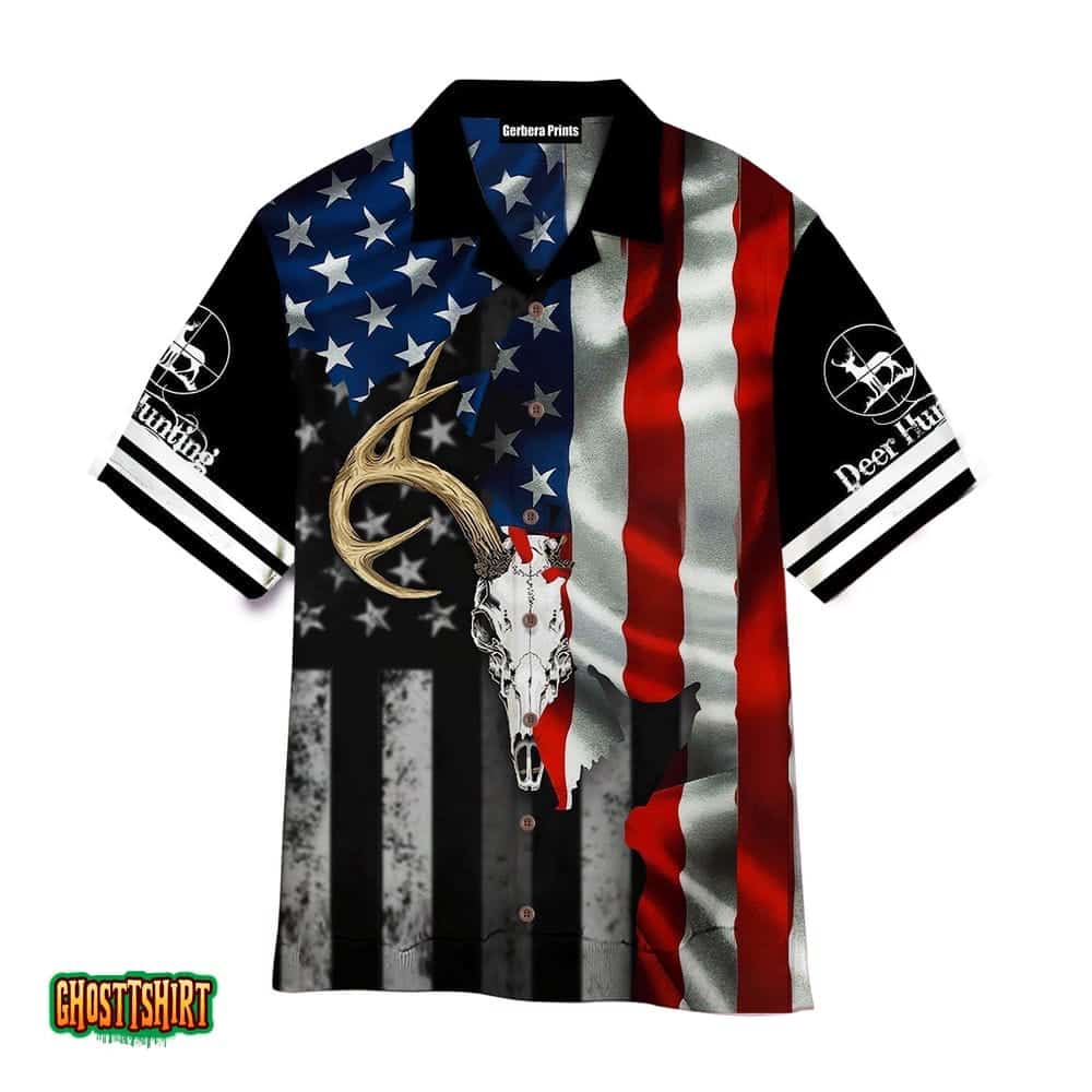 Deer Skull American Flag Black Blue And Red Aloha Hawaiian Shirt