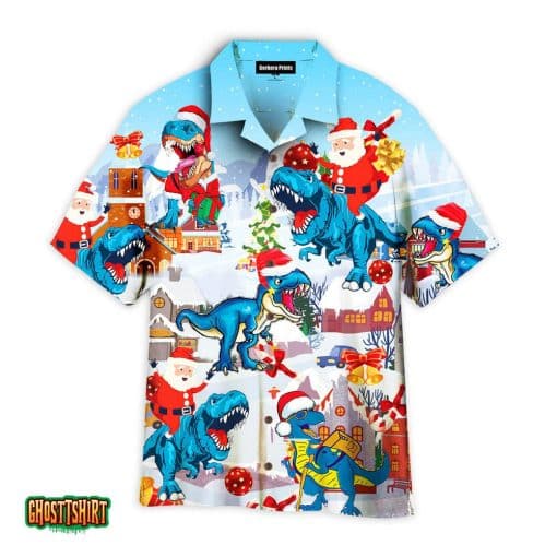 Dinosaur Christmas Blue Aloha Hawaiian Shirt