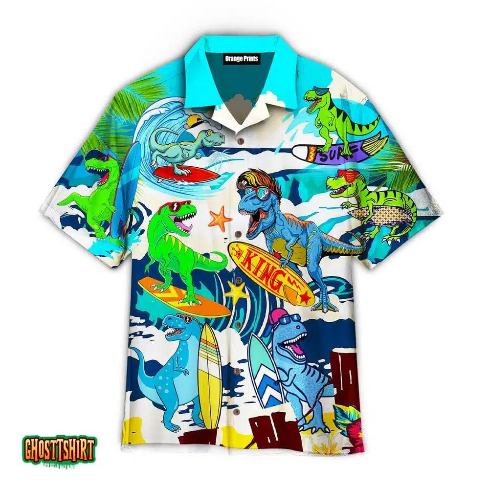 Dinosaur Surfing Wave Summer Aloha Hawaiian Shirt