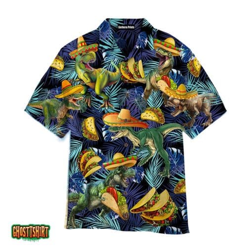 Dinosaurs Love Tacos T-rex Blue Palm Leaves Pattern Aloha Hawaiian Shirt
