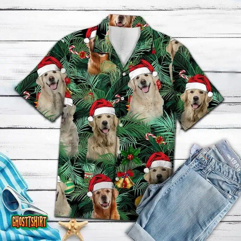 Dogs Golden Retriever Christmas Palm Leaves Aloha Hawaiian Shirt