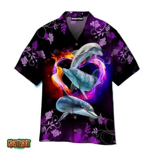 Dolphins Purple Tropical Floral Pattern Black Aloha Hawaiian Shirt