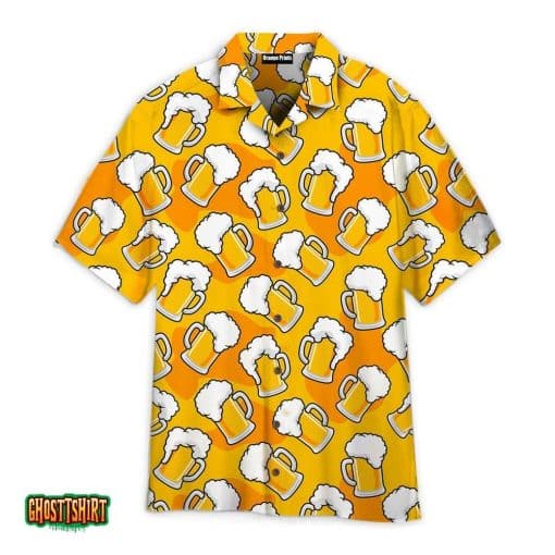 Draft Beer Mugs Foam On Yellow Pattern Aloha Hawaiian Shirt