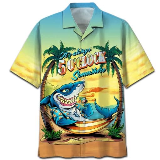 Famille Shark On The Beach 5 O’Clock Aloha Hawaiian Shirt