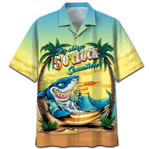 Famille Shark On The Beach 5 O’Clock Aloha Hawaiian Shirt