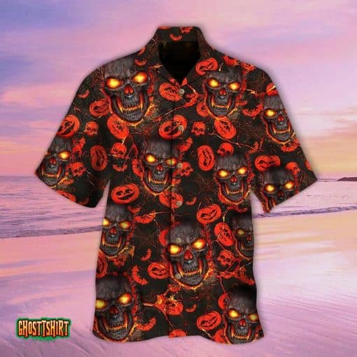 Fire Skulls Pumpkin Black And Red Halloween Aloha Hawaiian Shirt