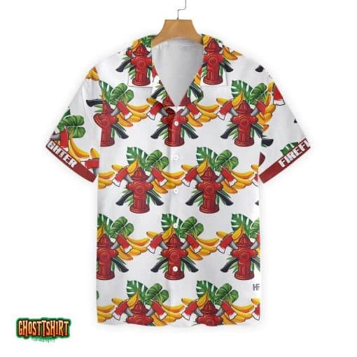 Firefighter Tropical Banana Palm Leaves Pattern White Aloha Hawaiian Shirt