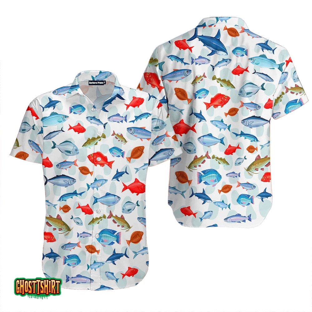 Fish Pattern White Aloha Hawaiian Shirt