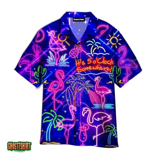 Flamingo Neon It’s 5 O’Clock Somewhere Violet Aloha Hawaiian Shirt