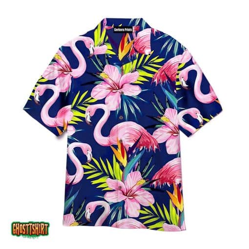 Flamingo Hibiscus Tropical Floral Pattern Blue Aloha Hawaiian Shirt