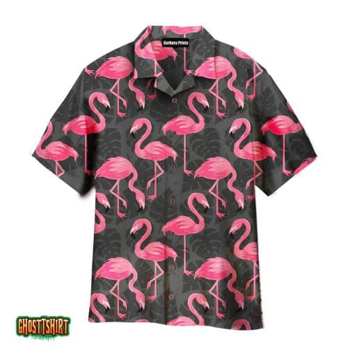 Flamingo On Dark Monstera Leaves Grey And Pink Aloha Hawaiian Shirt
