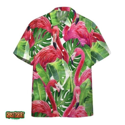 Flamingo Pink And Green Leaf Aloha Hawaiian Shirt