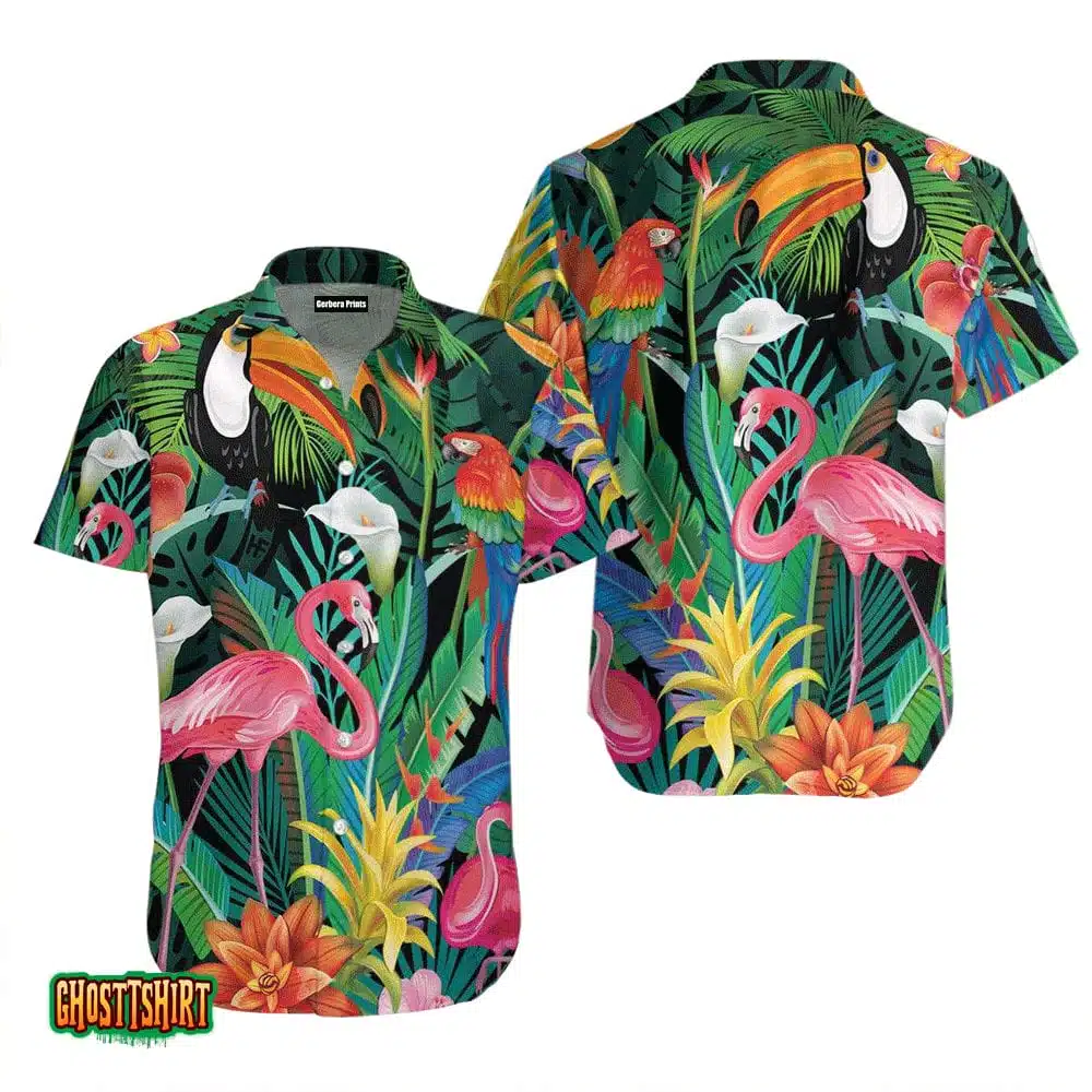 Flamingo Tropical Green Aloha Hawaii Shirt For Men Women