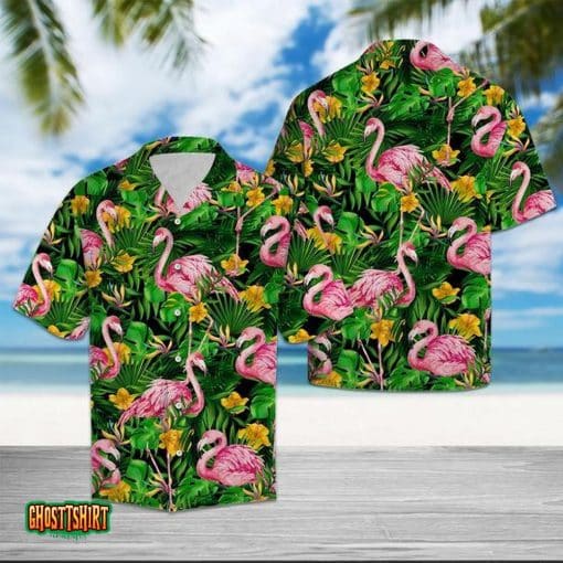 Flamingo Tropical Wild Flower Aloha Hawaiian Shirt