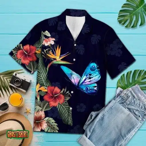 Flower Butterfly Blue Aloha Hawaiian Shirt