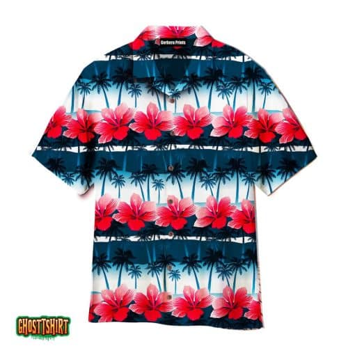 Flowers And Coconut Trees Tropical Hibiscus Flowers Black And White Aloha Hawaiian Shirt