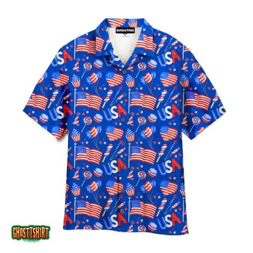 Fourth Of July Patriotic American Flags Blue Aloha Hawaiian Shirt