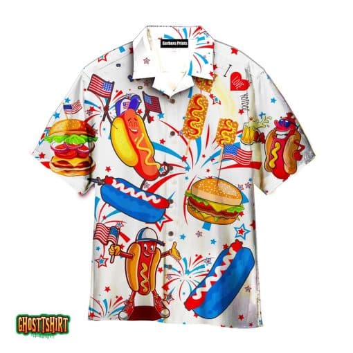 Funny American Hot Dog 4th Of July Independence Day White And Blue Aloha Hawaiian Shirt