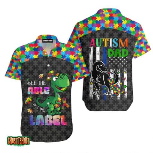 Funny Dinosaur Dad Autism Awareness Color Puzzle Aloha Hawaiian Shirt