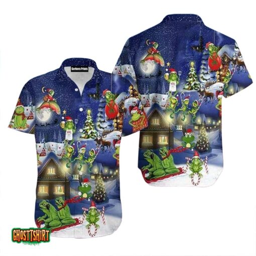 Funny Frogs On Night Christmas Snowman Aloha Hawaiian Shirt