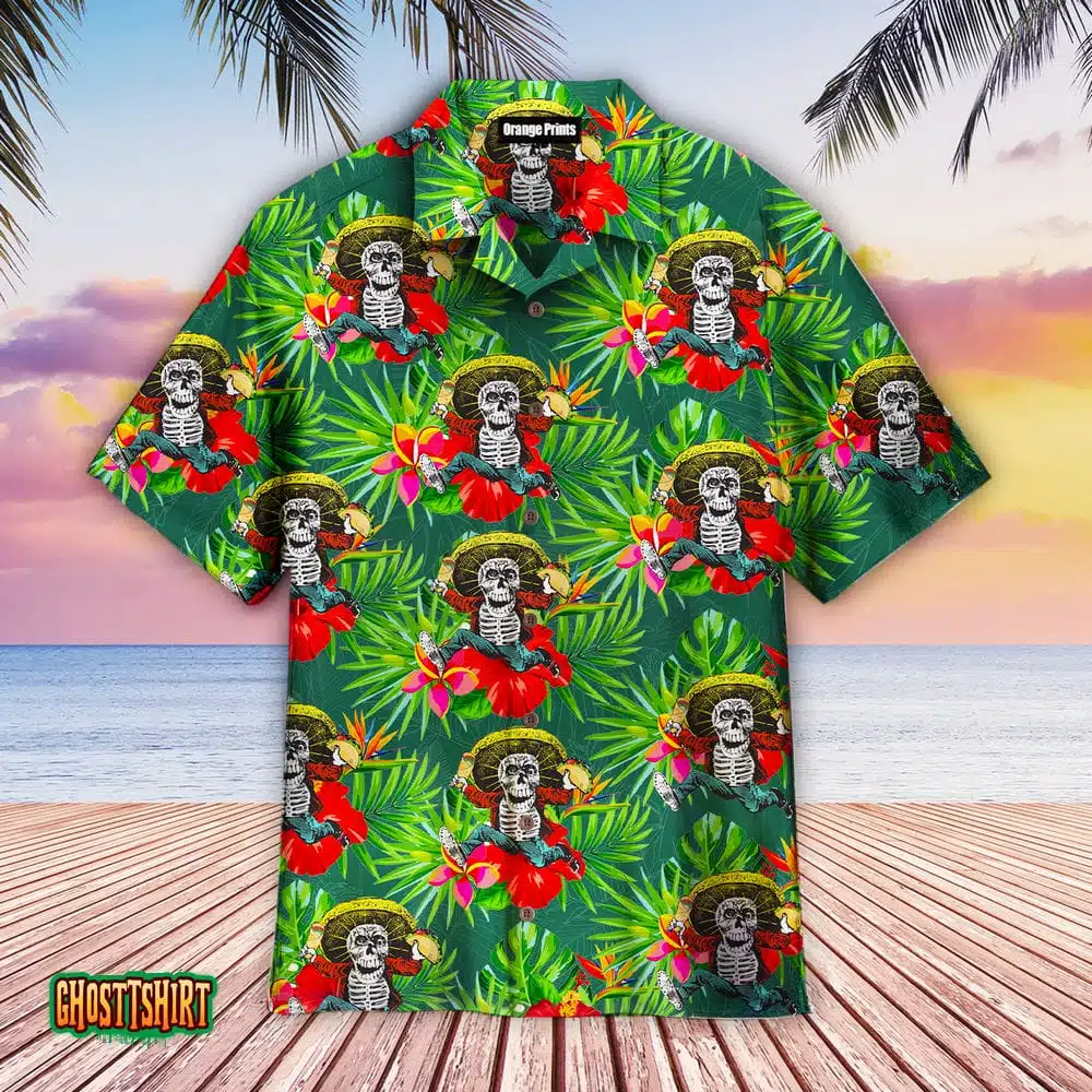 Funny Mexican Skull Holding Tacos Tropical Summer Green Aloha Hawaiian Shirt