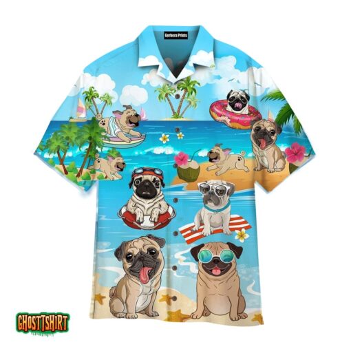 Funny Pug Dogs Play On Beach Summer Aloha Hawaiian Shirt