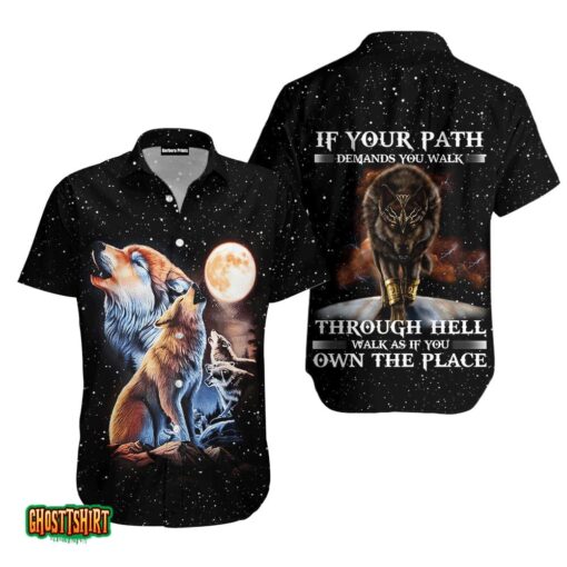Galaxy Wolf And Moon Black Aloha Hawaiian Shirt