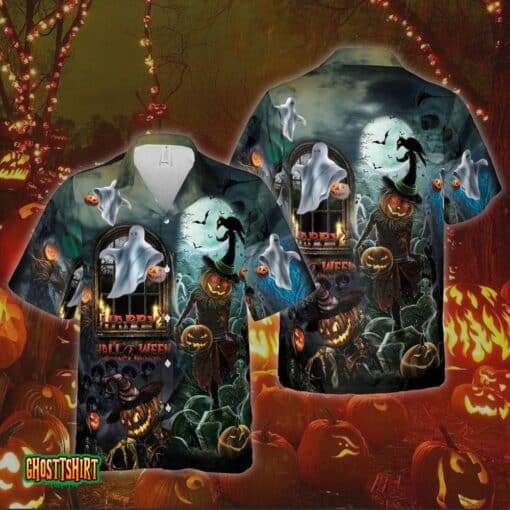 Ghostly Pumpkin Witch Hat Bat Happy Halloween Aloha Hawaiian Shirt
