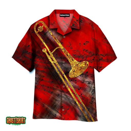 Gold Jazz Trombone Art Music Red Aloha Hawaiian Shirt