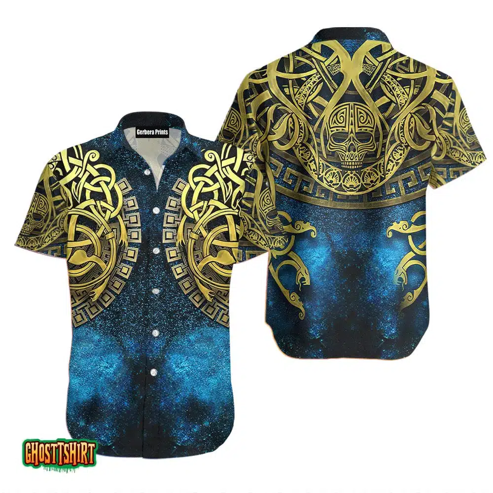 Gold Viking Celtic Knot Tattoo Pattern Blue Aloha Hawaiian Shirt