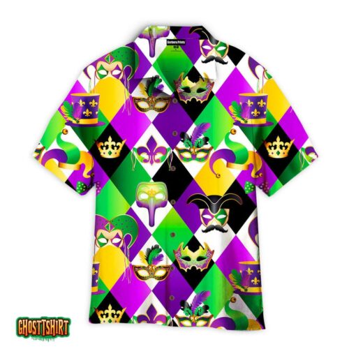 Golden Carnival Masks On Mardi Gras Pattern Violet And Green Aloha Hawaiian Shirt
