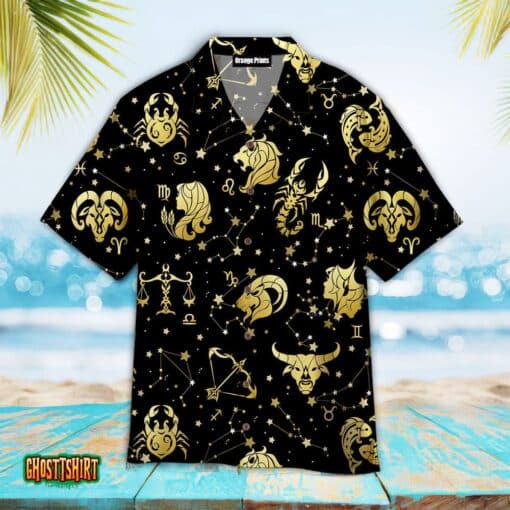 Golden Horoscope Zodiac Signs Aloha Hawaiian Shirt