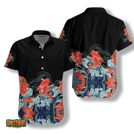 Golden Koi Fish Black Aloha Hawaiian Shirt