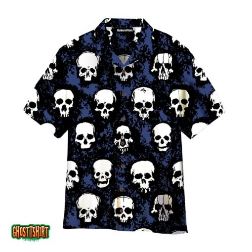 Gothic Skull Pattern Blue And White Aloha Hawaiian Shirt