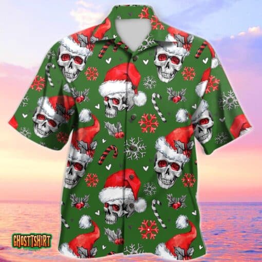 Green Christmas Santa Claus Skull Snowflakes Aloha Hawaiian Shirt
