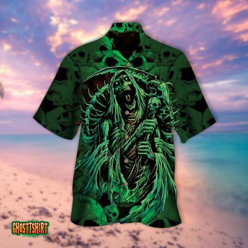 Green Skeleton Skull Scythe Halloween Aloha Hawaiian Shirt
