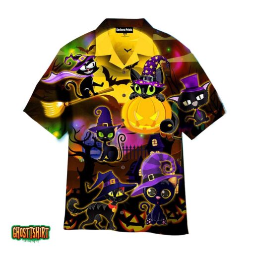 Halloween Black Cats Witch Purple Light And Moon At Night Aloha Hawaiian Shirt