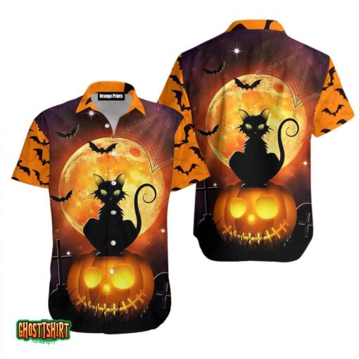Happy Halloween With Black Cat Aloha Hawaiian Shirt