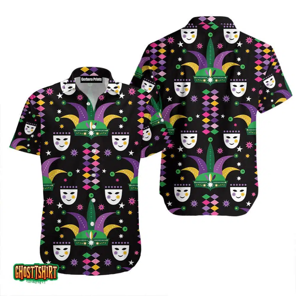 Happy Mardi Gras Carnival Pattern Black And Colorful Aloha Hawaiian Shirt