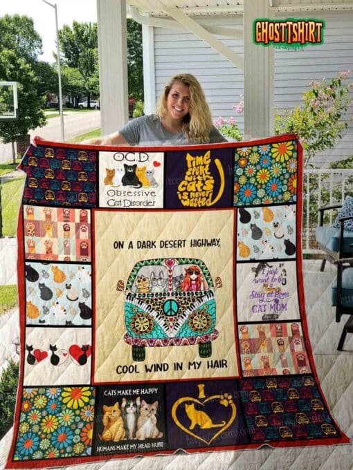 Hippie Girl & Cat Quilt Blanket