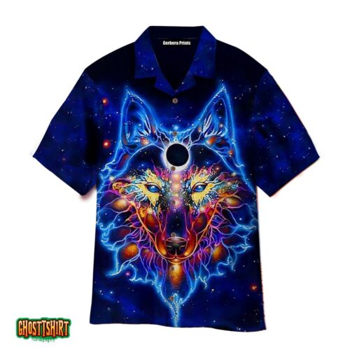 Hippie Neon Wolf Dog In Cosmics Aloha Hawaiian Shirt