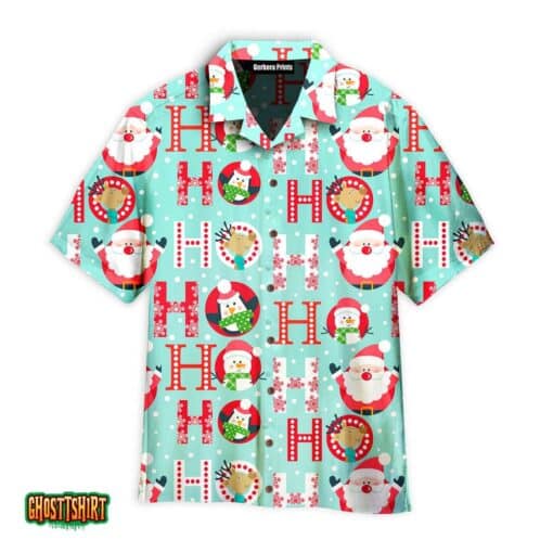 Ho Ho Ho Christmas Santa With Deer And Penguin Blue And Red Aloha Hawaiian Shirt