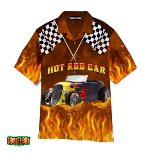 Hot Rod Car Racing Under Flag Flame Pattern Aloha Hawaiian Shirt